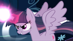 Size: 1666x936 | Tagged: safe, screencap, character:mean twilight sparkle, episode:the mean 6, g4, my little pony: friendship is magic, blast, cropped, evil grin, glowing horn, grin, horn, magic, magic blast, smiling, solo, spread wings, wings