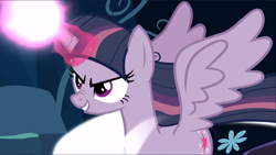Size: 1667x939 | Tagged: safe, screencap, character:mean twilight sparkle, episode:the mean 6, g4, my little pony: friendship is magic, blast, cropped, evil grin, glowing horn, grin, horn, magic, magic blast, smiling, solo, spread wings, wings