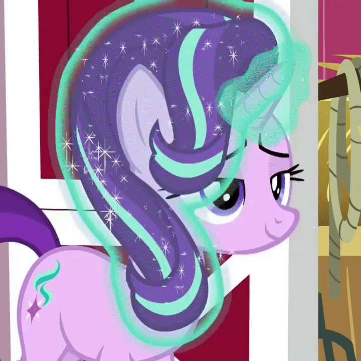 Size: 720x720 | Tagged: safe, screencap, character:spike, character:starlight glimmer, species:dragon, species:pony, species:unicorn, episode:harvesting memories, acting, alternate hairstyle, animated, asking, cropped, cute, female, funny, gif, glimmerbetes, looking at someone, male, mane swap, mare, not twilight sparkle, raised eyebrow, raised hoof, smiling, smirk, starlight sparkle, sweet apple acres barn