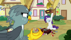 Size: 1920x1080 | Tagged: safe, screencap, character:gabby, character:rarity, episode:dragon dropped, g4, my little pony: friendship is magic, comic book, dice, dungeons and dragons, ogres and oubliettes, record player