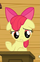 Size: 519x799 | Tagged: safe, screencap, character:apple bloom, episode:on your marks, g4, my little pony: friendship is magic, adorabloom, clubhouse, cropped, crusaders clubhouse, cute, floppy ears, sad, sadorable, solo