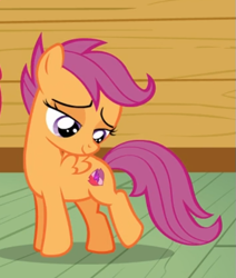 Size: 463x547 | Tagged: safe, screencap, character:scootaloo, species:pegasus, species:pony, episode:on your marks, g4, my little pony: friendship is magic, clubhouse, cropped, crusaders clubhouse, cute, cutealoo, female, filly, lidded eyes, smiling, solo, stare