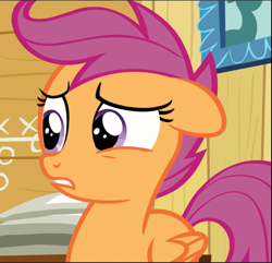 Size: 979x942 | Tagged: safe, screencap, character:scootaloo, species:pegasus, species:pony, episode:on your marks, g4, my little pony: friendship is magic, clubhouse, cropped, crusaders clubhouse, female, filly, floppy ears, nervous, solo