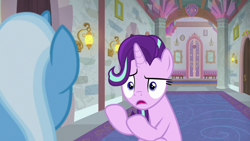 Size: 1280x720 | Tagged: safe, screencap, character:starlight glimmer, character:trixie, species:pony, species:unicorn, episode:a horse shoe-in, g4, my little pony: friendship is magic, raised hooves, worried