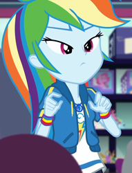 Size: 826x1080 | Tagged: safe, screencap, character:rainbow dash, equestria girls:holidays unwrapped, g4, my little pony:equestria girls, canterlot mall, clothing, cloud, cropped, dashing through the mall, female, geode of super speed, jacket, jewelry, lidded eyes, magical geodes, merchandise, necklace, rainbow, shirt, short sleeves, store, stuffed animals, t-shirt, thunderbolt, unamused, wristband