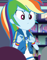 Size: 856x1080 | Tagged: safe, screencap, character:rainbow dash, equestria girls:holidays unwrapped, g4, my little pony:equestria girls, canterlot mall, clothing, cloud, cropped, cute, dashabetes, dashing through the mall, female, geode of super speed, jacket, jewelry, looking down, magical geodes, merchandise, necklace, pockets, rainbow, shirt, short sleeves, store, stuffed animals, t-shirt, thunderbolt, unamused, wristband