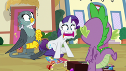 Size: 1920x1080 | Tagged: safe, screencap, character:gabby, character:rarity, character:spike, species:dragon, episode:dragon dropped, g4, my little pony: friendship is magic, comic book, faec, winged spike