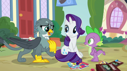 Size: 1920x1080 | Tagged: safe, screencap, character:gabby, character:rarity, character:spike, species:dragon, episode:dragon dropped, g4, my little pony: friendship is magic, comic book, dice, dungeons and dragons, ogres and oubliettes, winged spike