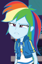 Size: 632x958 | Tagged: safe, screencap, character:rainbow dash, equestria girls:holidays unwrapped, g4, my little pony:equestria girls, canterlot mall, clothing, cloud, cropped, cute, dashabetes, dashing through the mall, female, geode of super speed, hoodie, jacket, jewelry, lidded eyes, magical geodes, merchandise, necklace, pockets, rainbow, shirt, short sleeves, store, t-shirt, thunderbolt, unamused