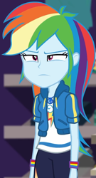 Size: 515x952 | Tagged: safe, screencap, character:rainbow dash, equestria girls:holidays unwrapped, g4, my little pony:equestria girls, canterlot mall, clothing, cloud, cropped, cute, dashabetes, dashing through the mall, female, geode of super speed, hoodie, jacket, jewelry, lidded eyes, magical geodes, merchandise, necklace, pants, pockets, rainbow, shirt, short sleeves, store, t-shirt, thunderbolt, unamused, wristband