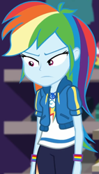 Size: 523x923 | Tagged: safe, screencap, character:rainbow dash, equestria girls:holidays unwrapped, g4, my little pony:equestria girls, canterlot mall, clothing, cloud, cropped, cute, dashabetes, dashing through the mall, female, geode of super speed, hoodie, jacket, jewelry, lidded eyes, looking down, magical geodes, merchandise, necklace, pants, pockets, rainbow, shirt, short sleeves, store, t-shirt, thunderbolt, unamused, wristband