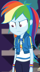 Size: 518x925 | Tagged: safe, screencap, character:rainbow dash, my little pony:equestria girls, angry, canterlot mall, clothing, cloud, cropped, cute, dashabetes, dashing through the mall, female, geode of super speed, hoodie, jacket, jewelry, looking down, magical geodes, merchandise, necklace, pants, pockets, rainbow, shirt, short sleeves, solo, store, t-shirt, thunderbolt, unamused, wristband