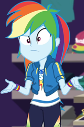 Size: 636x959 | Tagged: safe, screencap, character:rainbow dash, equestria girls:holidays unwrapped, g4, my little pony:equestria girls, angry, canterlot mall, cap, clothing, cloud, cropped, cute, dashabetes, dashing through the mall, female, geode of super speed, hat, hoodie, jacket, jewelry, magical geodes, merchandise, necklace, pants, pockets, rainbow, raised eyebrow, shirt, short sleeves, solo, store, t-shirt, thunderbolt, unamused, wristband
