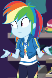 Size: 637x957 | Tagged: safe, screencap, character:rainbow dash, equestria girls:holidays unwrapped, g4, my little pony:equestria girls, canterlot mall, clothing, cloud, cropped, dashing through the mall, female, geode of super speed, hoodie, jacket, jewelry, magical geodes, merchandise, necklace, pants, pockets, rainbow, shirt, short sleeves, solo, store, t-shirt, thunderbolt, wide eyes, wristband