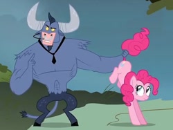 Size: 740x555 | Tagged: safe, screencap, character:iron will, character:pinkie pie, species:earth pony, species:minotaur, species:pony, episode:putting your hoof down, g4, my little pony: friendship is magic, confused, cropped, duo, grabbing, headset, looking back, pinkie being pinkie, pulling, tail, tail pull