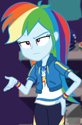 Size: 622x942 | Tagged: safe, screencap, character:rainbow dash, equestria girls:holidays unwrapped, g4, my little pony:equestria girls, canterlot mall, clothing, cloud, cropped, cute, dashabetes, dashing through the mall, female, geode of super speed, hoodie, jacket, jewelry, magical geodes, merchandise, necklace, pants, pockets, rainbow, raised eyebrow, shirt, short sleeves, solo, store, t-shirt, thunderbolt, unamused, wristband