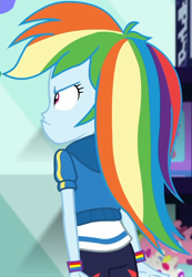 Size: 612x882 | Tagged: safe, screencap, character:rainbow dash, equestria girls:holidays unwrapped, g4, my little pony:equestria girls, accessories, angry, annoyed, canterlot mall, clothing, cropped, cute, dashabetes, dashing through the mall, female, hoodie, jacket, merchandise, pants, rainbow, shirt, short sleeves, store, t-shirt, wristband