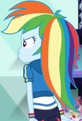 Size: 595x881 | Tagged: safe, screencap, character:rainbow dash, equestria girls:holidays unwrapped, g4, my little pony:equestria girls, accessories, angry, annoyed, canterlot mall, clothing, cropped, cute, dashabetes, dashing through the mall, female, hoodie, jacket, madorable, merchandise, pants, pouting, rainbow, shirt, short sleeves, solo, store, t-shirt, wristband