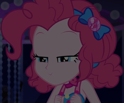 Size: 1305x1080 | Tagged: safe, screencap, character:pinkie pie, equestria girls:spring breakdown, g4, my little pony:equestria girls, bow, choker, clothing, cropped, cruise outfit, curly hair, cute, dark, dark background, devious, diapinkes, female, geode of sugar bombs, hair bow, heart, jewelry, lidded eyes, magical geodes, scheming, sleeveless, smiling, solo, spring break, yacht