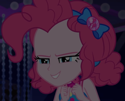 Size: 1335x1080 | Tagged: safe, screencap, character:pinkie pie, equestria girls:spring breakdown, g4, my little pony:equestria girls, bow, choker, clothing, cropped, cruise, cruise outfit, cruise ship, curly hair, cute, dark, dark background, devious, devious smile, diapinkes, female, geode of sugar bombs, hair bow, heart, jewelry, lidded eyes, magical geodes, scheming, sleeveless, smiling, solo, spring break, talking, yacht