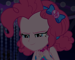 Size: 1335x1080 | Tagged: safe, screencap, character:pinkie pie, equestria girls:spring breakdown, g4, my little pony:equestria girls, bow, choker, clothing, cropped, cruise, cruise ship, curly hair, cute, dark, dark background, devious, devious smile, diapinkes, female, geode of sugar bombs, hair bow, heart, jewelry, magical geodes, scheming, sleeveless, smiling, solo, spring break, talking, yacht