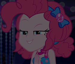 Size: 1250x1080 | Tagged: safe, screencap, character:pinkie pie, equestria girls:spring breakdown, g4, my little pony:equestria girls, bow, choker, clothing, cropped, cruise, cruise ship, curly hair, cute, dark, dark background, devious, devious smile, diapinkes, female, geode of sugar bombs, hair bow, hands together, heart, jewelry, magical geodes, raised eyebrow, scheming, sleeveless, smiling, solo, spring break, talking, yacht