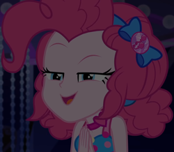 Size: 1236x1080 | Tagged: safe, screencap, character:pinkie pie, equestria girls:spring breakdown, g4, my little pony:equestria girls, bow, choker, clothing, cropped, cruise, cruise ship, curly hair, cute, dark, dark background, devious, devious smile, diapinkes, female, geode of sugar bombs, hair bow, heart, jewelry, magical geodes, raised eyebrow, scheming, sleeveless, smiling, solo, spring break, talking, yacht