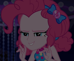 Size: 1308x1080 | Tagged: safe, screencap, character:pinkie pie, equestria girls:spring breakdown, g4, my little pony:equestria girls, bow, choker, clothing, cropped, cruise, cruise outfit, cruise ship, curly hair, cute, dark, dark background, devious, devious smile, diapinkes, female, geode of sugar bombs, hair bow, heart, jewelry, lidded eyes, magical geodes, scheming, sleeveless, solo, talking, yacht