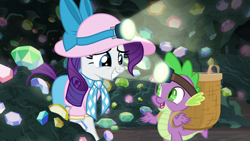Size: 1920x1080 | Tagged: safe, screencap, character:rarity, character:spike, species:dragon, species:pony, species:unicorn, episode:dragon dropped, g4, my little pony: friendship is magic, basket, duo, female, gem, gem cave, headlamp, helmet, mare, mining helmet, winged spike