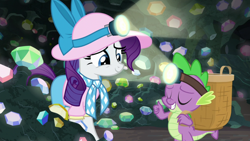 Size: 1920x1080 | Tagged: safe, screencap, character:rarity, character:spike, species:dragon, species:pony, species:unicorn, episode:dragon dropped, g4, my little pony: friendship is magic, assistant, basket, beautiful, claws, clothing, eyes closed, female, gem, gem cave, grin, hat, headlamp, helmet, mare, mining helmet, scarf, smiling, thumbs up, touched, winged spike
