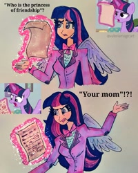 Size: 1789x2235 | Tagged: safe, artist:valeriamagicart, screencap, character:twilight sparkle, character:twilight sparkle (alicorn), species:alicorn, species:human, species:pony, episode:marks for effort, g4, my little pony: friendship is magic, bow, clothing, female, humanized, mare, scene interpretation, screencap reference, winged humanization, wings, your mom
