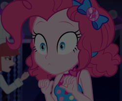 Size: 1306x1080 | Tagged: safe, screencap, character:pinkie pie, equestria girls:spring breakdown, g4, my little pony:equestria girls, bow, choker, clothing, cropped, cruise, cruise outfit, cruise ship, curly hair, cute, dark, dark background, diapinkes, female, geode of sugar bombs, hair bow, heart, jewelry, magical geodes, raised eyebrows, scheming, sleeveless, spring break, wide eyes, yacht