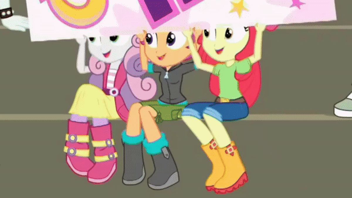 Size: 1200x676 | Tagged: safe, screencap, character:apple bloom, character:rainbow dash, character:scootaloo, character:sweetie belle, species:pegasus, species:pony, episode:sock it to me, g4, my little pony:equestria girls, 2010s, 2019, animated, apple bloom's bow, bad smell, baffled, boots, bow, cheering, clothing, cutie mark crusaders, disgusted, foot odor, gif, hair bow, hoodie, jacket, jeans, looking at something, offended, pants, shirt, shoes, shorts, sitting, skirt, smelly, smelly sock, smelly socks, sock it to me: bulk biceps, surprised, yellow skin