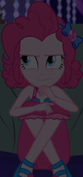 Size: 510x1077 | Tagged: safe, screencap, character:pinkie pie, equestria girls:spring breakdown, g4, my little pony:equestria girls, annoyed, bow, choker, clothing, cropped, cruise, cruise outfit, cruise ship, curly hair, cute, dark, dark background, diapinkes, female, geode of sugar bombs, hair bow, jewelry, looking up, magical geodes, sandals, sitting, skirt, sleeveless, solo, spring break, table, yacht