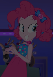 Size: 710x1029 | Tagged: safe, screencap, character:pinkie pie, equestria girls:spring breakdown, g4, my little pony:equestria girls, bow, choker, clothing, cropped, cruise, cruise outfit, cruise ship, curly hair, cute, dark, dark background, dessert, diapinkes, female, geode of sugar bombs, hair bow, heart, jewelry, magical geodes, midriff, skirt, sleeveless, smiling, solo, spring break, table, yacht