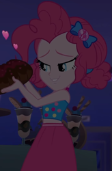 Size: 691x1054 | Tagged: safe, screencap, character:pinkie pie, equestria girls:spring breakdown, g4, my little pony:equestria girls, bow, cake, choker, clothing, cropped, cruise, cruise outfit, cruise ship, curly hair, cute, dark, dark background, dessert, diapinkes, female, food, geode of sugar bombs, hair bow, heart, holding, jewelry, lidded eyes, magical geodes, midriff, skirt, sleeveless, smiling, spring break, table, yacht