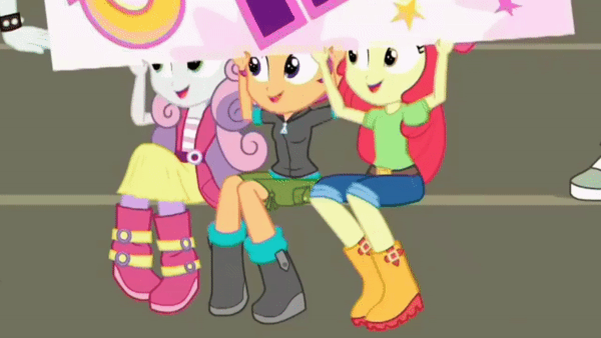 Size: 1200x676 | Tagged: safe, screencap, character:apple bloom, character:scootaloo, character:sweetie belle, species:pegasus, species:pony, episode:sock it to me, g4, my little pony:equestria girls, 2010s, 2019, adorabloom, animated, apple bloom's bow, boots, bow, cheering, clothing, cute, cutealoo, cutie mark crusaders, diasweetes, female, gif, hair bow, hoodie, jacket, jeans, pants, perfect loop, shirt, shoes, shorts, sitting, skirt, smiling, sock it to me: bulk biceps, trio, trio female
