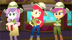 Size: 2648x1475 | Tagged: safe, screencap, character:apple bloom, character:scootaloo, character:sweetie belle, species:pegasus, species:pony, episode:the canterlot movie club, eqg summertime shorts, g4, my little pony:equestria girls, belt, boots, clothing, crossed arms, cutie mark crusaders, food, hand on hip, hat, jeans, looking at someone, looking at something, pants, popcorn, sad, shoes, shorts, skirt, theater