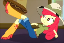 Size: 1514x1019 | Tagged: safe, screencap, character:apple bloom, episode:the canterlot movie club, eqg summertime shorts, g4, my little pony:equestria girls, angry, boots, clothing, cropped, food, hat, hot dog, jeans, meat, pants, rolling, sausage, shirt, shoes, solo