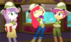 Size: 2648x1544 | Tagged: safe, screencap, character:apple bloom, character:scootaloo, character:sweetie belle, species:pegasus, species:pony, episode:the canterlot movie club, eqg summertime shorts, g4, my little pony:equestria girls, boots, clothing, crossed arms, cutie mark crusaders, dramatic, eyes closed, food, hand on head, hat, jeans, looking at someone, pants, popcorn, shirt, shoes, shorts, skirt, theater, ticket, tickets