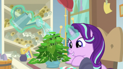 Size: 1920x1080 | Tagged: safe, screencap, character:phyllis, character:starlight glimmer, species:pony, species:unicorn, episode:a horse shoe-in, g4, my little pony: friendship is magic, female, inkwell, magic, magic aura, mare, philodendron, potted plant, quill, scroll, starlight's office, telekinesis, watering can