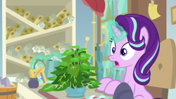 Size: 1920x1080 | Tagged: safe, screencap, character:phyllis, character:starlight glimmer, species:pony, species:unicorn, episode:a horse shoe-in, g4, my little pony: friendship is magic, female, inkwell, magic, magic aura, mare, philodendron, potted plant, quill, scroll, starlight's office, telekinesis