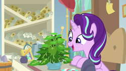 Size: 1920x1080 | Tagged: safe, screencap, character:phyllis, character:starlight glimmer, species:pony, species:unicorn, episode:a horse shoe-in, g4, my little pony: friendship is magic, female, inkwell, mare, philodendron, potted plant, quill, scroll, solo, starlight's office