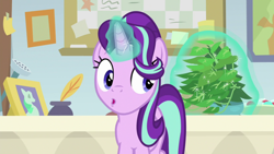 Size: 1920x1080 | Tagged: safe, screencap, character:phyllis, character:starlight glimmer, species:pony, species:unicorn, episode:a horse shoe-in, g4, my little pony: friendship is magic, female, inkwell, magic, magic aura, mare, philodendron, potted plant, quill, solo, starlight's office, telekinesis