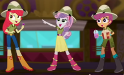 Size: 1782x1087 | Tagged: safe, screencap, character:apple bloom, character:scootaloo, character:sweetie belle, species:pegasus, species:pony, episode:the canterlot movie club, eqg summertime shorts, g4, my little pony:equestria girls, belt, boots, clothing, cropped, cutie mark crusaders, food, hat, jeans, looking at something, pants, pointing, popcorn, shirt, shoes, shorts, skirt, slushie, smiling, theater, ticket, tickets