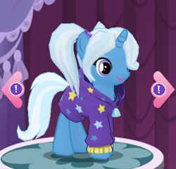 Size: 421x404 | Tagged: safe, gameloft, screencap, character:trixie, species:pony, species:unicorn, 3d, alternate hairstyle, babysitter trixie, clothing, cute, diatrixes, hoodie, it begins, meme origin, smiling, solo