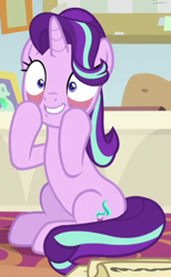 Size: 291x473 | Tagged: safe, screencap, character:starlight glimmer, species:pony, species:unicorn, episode:a horse shoe-in, g4, my little pony: friendship is magic, cropped, eyelid pull, female, mare, pulling, sitting, solo, starlight's office