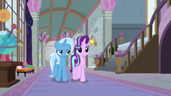 Size: 1920x1080 | Tagged: safe, screencap, character:starlight glimmer, character:trixie, species:pony, species:unicorn, episode:a horse shoe-in, g4, my little pony: friendship is magic, duo, female, hallway, mare, orrery, school of friendship, stairs