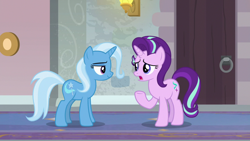 Size: 1920x1080 | Tagged: safe, screencap, character:starlight glimmer, character:trixie, species:pony, species:unicorn, episode:a horse shoe-in, g4, my little pony: friendship is magic, duo, female, mare, raised hoof, school of friendship