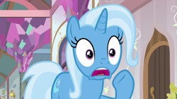 Size: 1920x1080 | Tagged: safe, screencap, character:trixie, species:pony, species:unicorn, episode:a horse shoe-in, g4, my little pony: friendship is magic, female, mare, open mouth, raised hoof, school of friendship, shocked, solo, uvula, worried, yelling